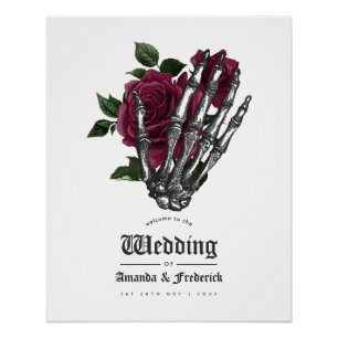 Póster Bienvenida al Boda gótico Borgoña Floral Skeleton