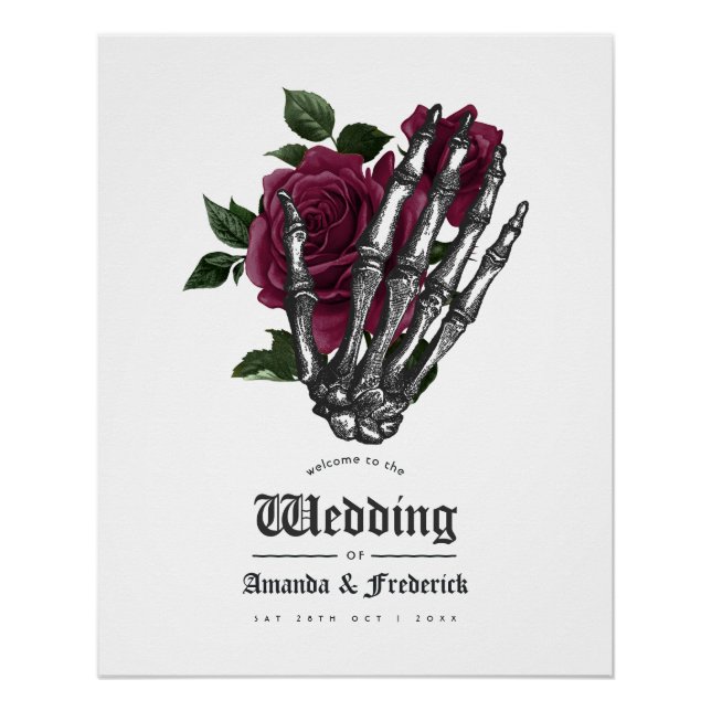 Póster Bienvenida al Boda gótico Borgoña Floral Skeleton (Anverso)