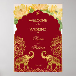 Póster Bienvenida al boda indio maroon gold elefant lotus
