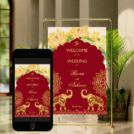 Póster Bienvenida al boda indio maroon gold elefant lotus