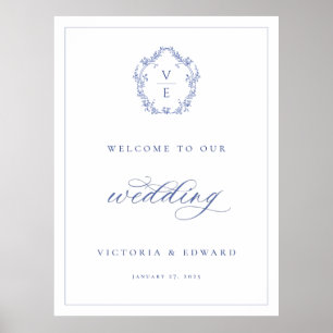 Póster Bienvenida al Boda Monograma del Escudo Azul Regen
