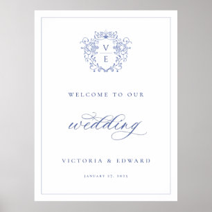 Póster Bienvenida al Boda Monograma del Escudo Azul Regen
