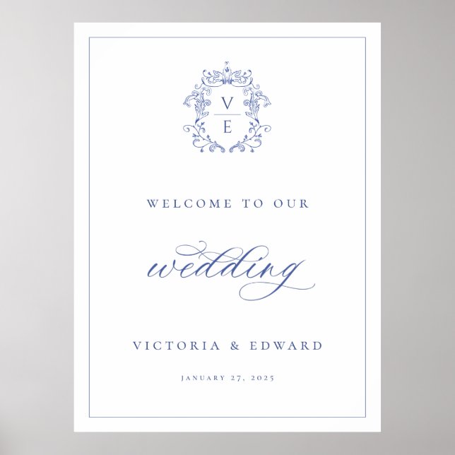 Póster Bienvenida al Boda Monograma del Escudo Azul Regen (Frente)