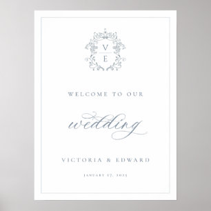 Póster Bienvenida al Boda Monograma del Escudo azul turbi