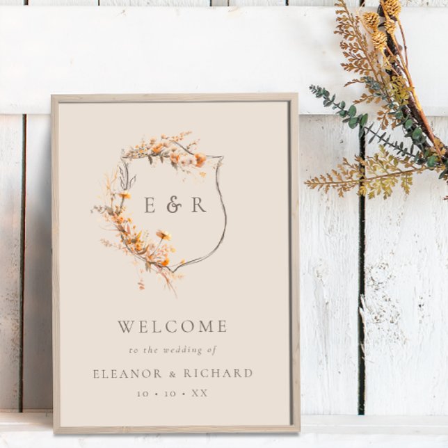 Póster Bienvenida al Boda Monograma Escudo Floral Caída (Subido por el creador)