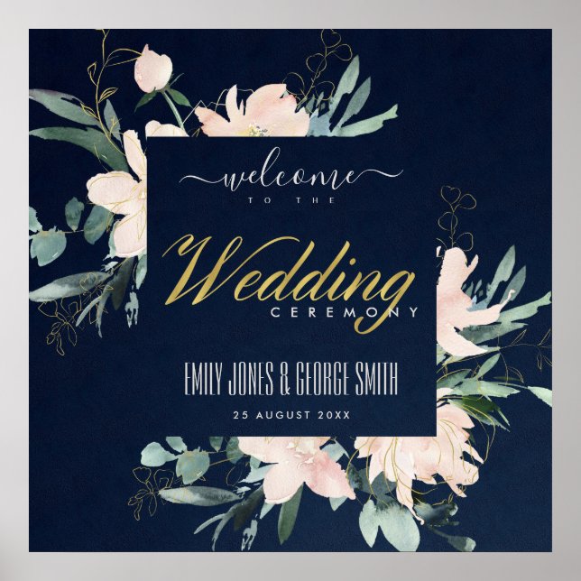 PÓSTER BIENVENIDA AL BODA NAVY RUBOR FLORAL FRAME WATERCO (Frente)