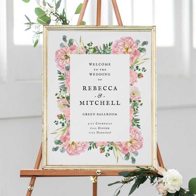 Póster Bienvenida al Boda Rubor Peonies Hydrangea Eucalyp (Subido por el creador)