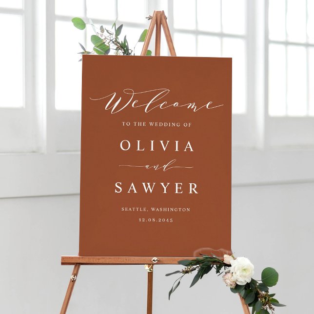 Póster Bienvenida al Boda Terracotta con guión Minimalist (Customizable boho terracotta script wedding welcome sign)