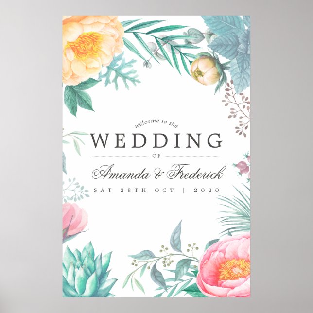 Póster Bienvenida al Boda Tropical Mint Floral (Frente)