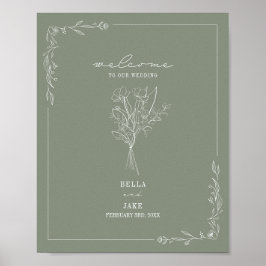 Póster Bienvenida al Boda verde Bouquet Line Art Sage