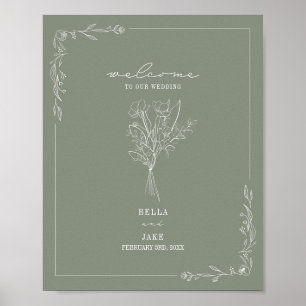 Póster Bienvenida al Boda verde Bouquet Line Art Sage