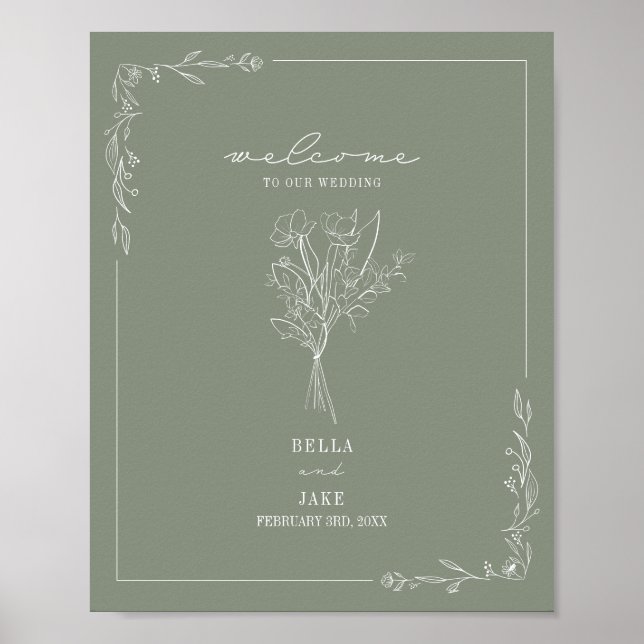 Póster Bienvenida al Boda verde Bouquet Line Art Sage (Frente)