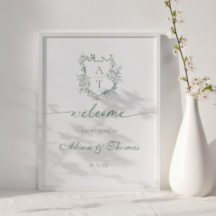 Póster Bienvenida al Boda verde del monograma clásico