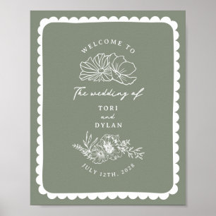Póster Bienvenida al Boda Verde Floral Sage Border Sage