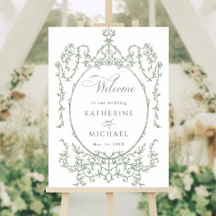Póster Bienvenida al Boda verde Sage del marco floral clá