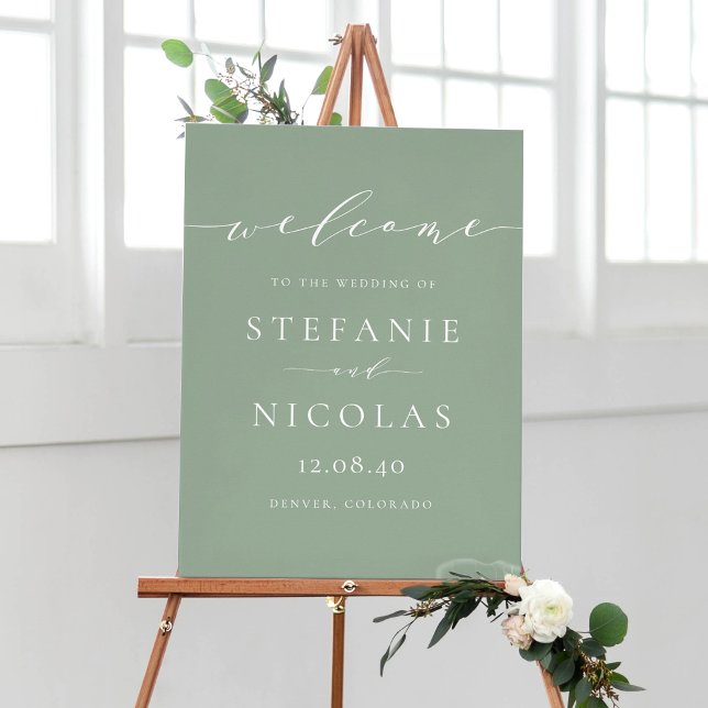 Póster Bienvenida al Boda verde Sage Script Dainty (Customizable sage green minimalist script wedding welcome sign)