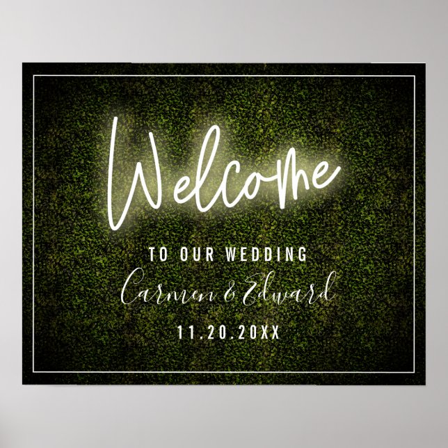 Póster Bienvenida al Boda White Neon Boxwood (Frente)