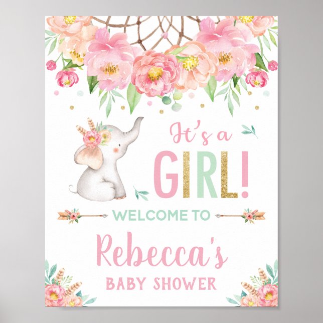 Póster Bienvenida al Chica de Baby Shower Elephant Boho P (Frente)