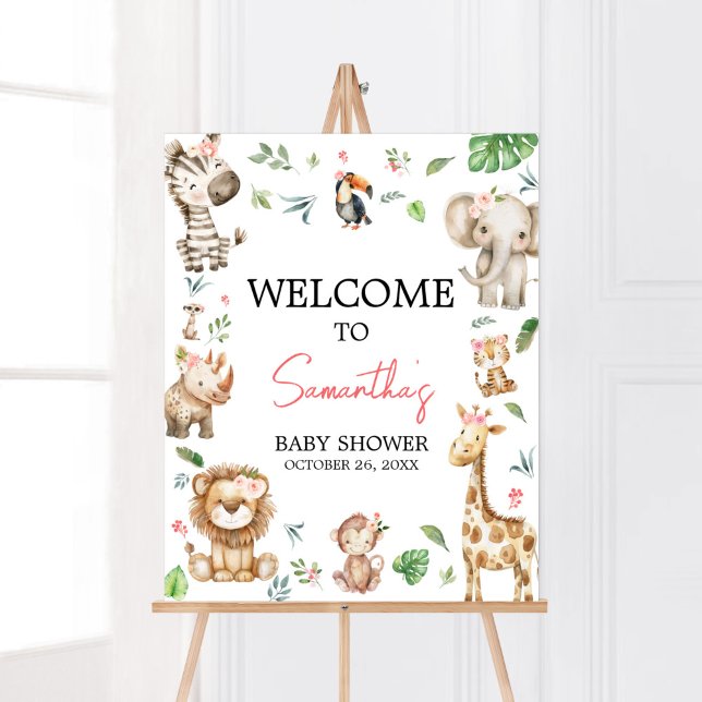 Póster Bienvenida al chica Wild One Safari en Baby Shower (Floral Wild One Safari Animals Baby Shower Welcome Sign)
