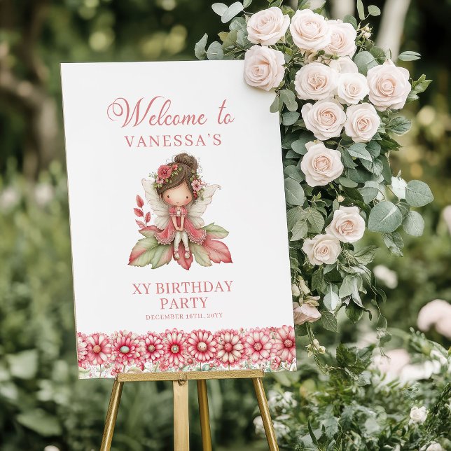 Póster Bienvenida al cuarto cumpleaños de Flores de Hada  (Magical Fairy Pink Flowers 4th Birthday Welcome Sign)