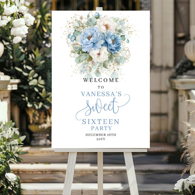 Póster Bienvenida al cumpleaños 16 con flores de azul pol (Dusty Blue Floral Greenery 16th Birthday Welcome)