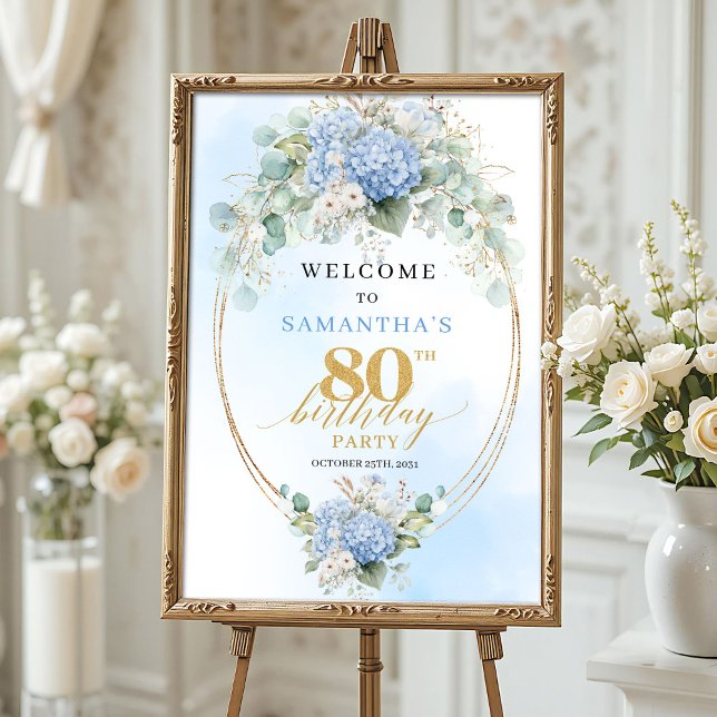 Póster Bienvenida al cumpleaños 80 en Soft Blue Watercolo (Soft Blue Watercolor Gold 80th birthday welcome)