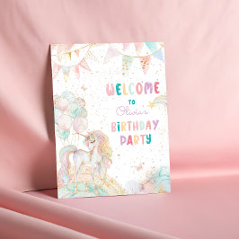 Póster Bienvenida al cumpleaños arcoiris de Unicornio mág