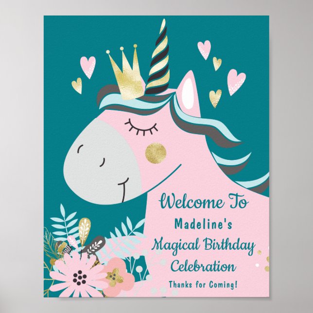 Póster Bienvenida al cumpleaños de Unicornio Floral Magic (Frente)