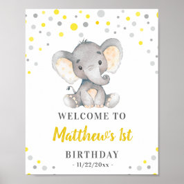 Póster Bienvenida al cumpleaños del elefante gris amarill