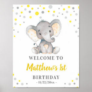 Póster Bienvenida al cumpleaños del elefante gris amarill