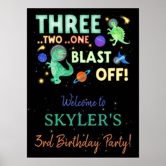 Póster Bienvenida al cumpleaños espacial del dinosaurio 3 (Frente)