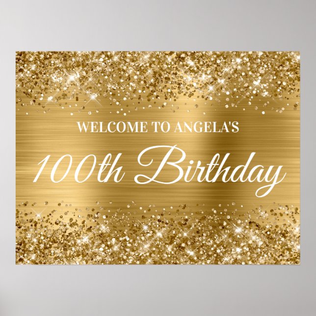 Póster Bienvenida al cumpleaños número 100 con brillo y l (Frente)