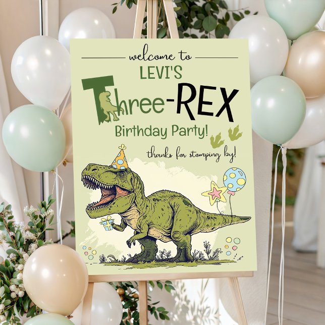 Póster Bienvenida al cumpleaños número 3 de Three-Rex Cut (Funny Three-Rex Cute T Rex Dinosaur 3rd Birthday Party Welcome Poster Sign, personalized, digital)