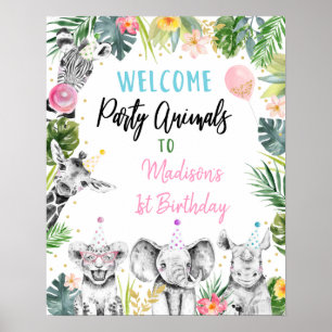 Póster Bienvenida al cumpleaños tropical de oro rosado pa