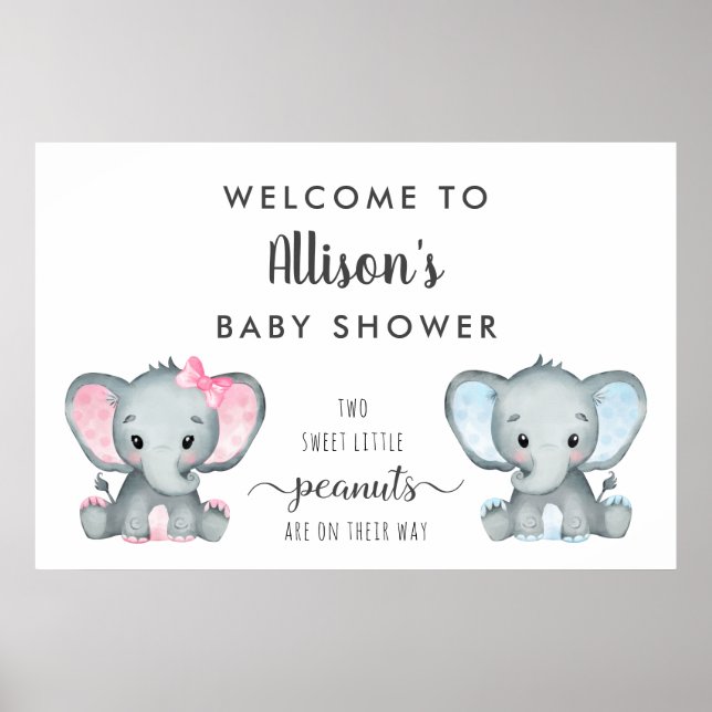 Póster Bienvenida al elefante Chica Twin Boy Baby Shower (Frente)