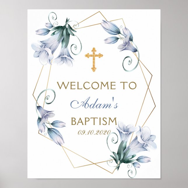 Póster Bienvenida al Elegante Baptismo Floral Blue Boy (Frente)