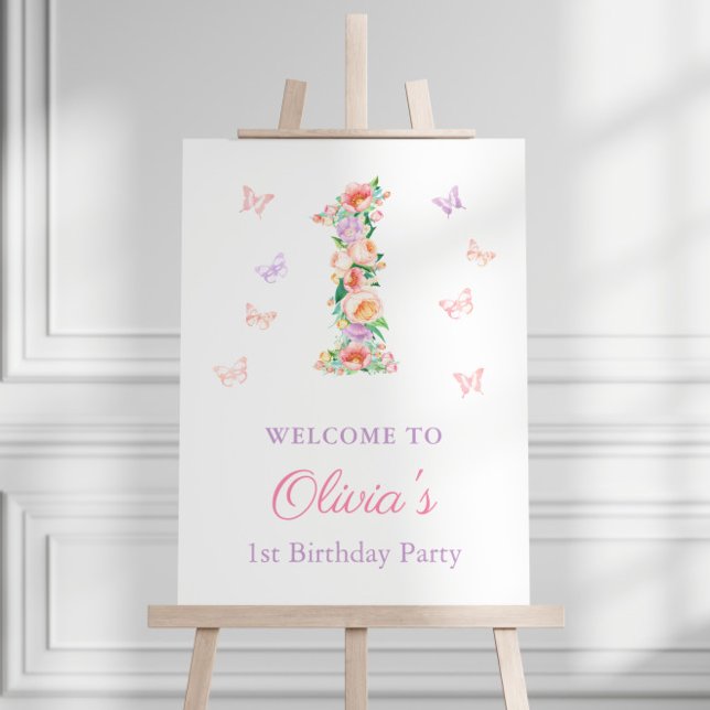 Póster Bienvenida al Fiesta de cumpleaños del Pastel Summ (Pastel floral garden theme butterflies 1st birthday party welcome sign)