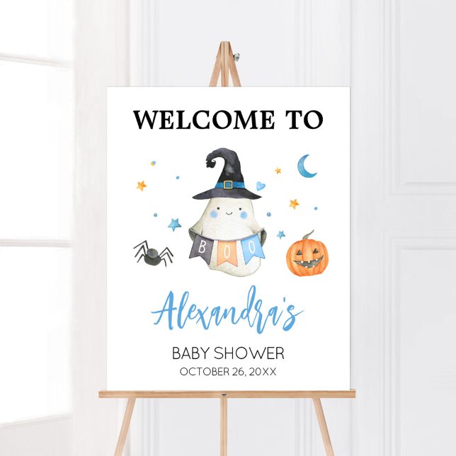 Póster Bienvenida al Pequeño Fantasma De Halloween Azul (Little Boo Baby Shower Welcome Sign)