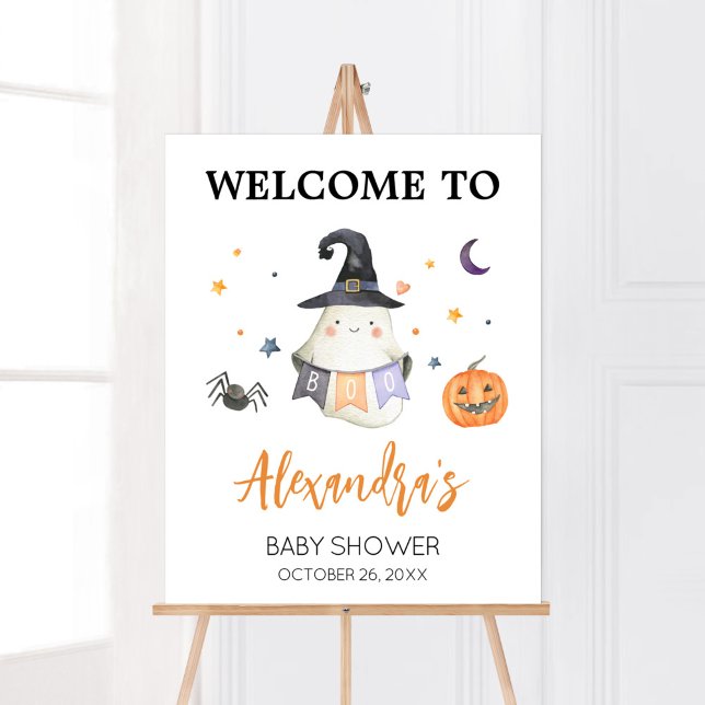 Póster Bienvenida al Pequeño Fantasma naranja Halloween (Little Boo Baby Shower Welcome Sign)