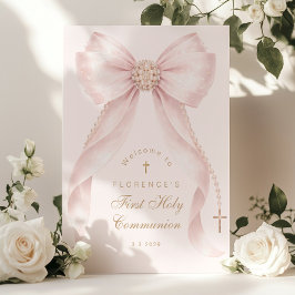 Póster Bienvenida al primer comunión con lazo rosa rubor