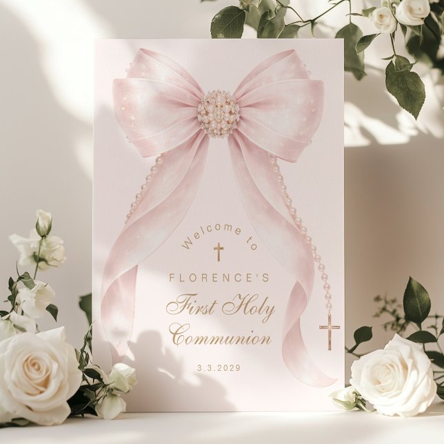 Póster Bienvenida al primer comunión con lazo rosa rubor (Subido por el creador)