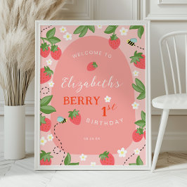 Póster Bienvenida al primer cumpleaños de Fresa Rosa