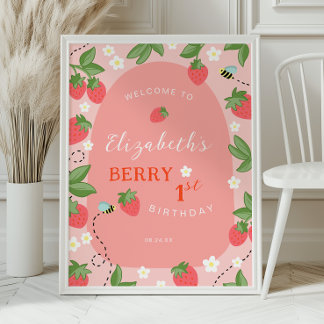 Póster Bienvenida al primer cumpleaños de Fresa Rosa
