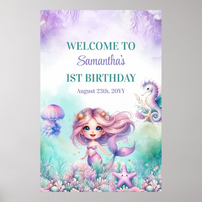 Póster Bienvenida al primer cumpleaños de sirena turquesa (Frente)