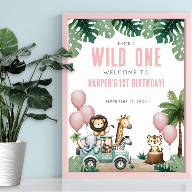 Póster Bienvenida al primer cumpleaños de Wild One Pink S (Wild One Pink Safari 1st Birthday Welcome Poster)