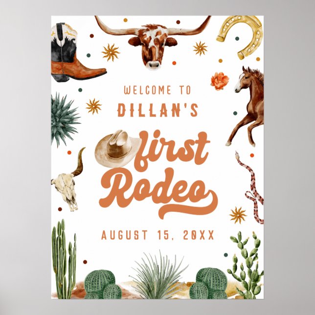 Póster Bienvenida al primer rodeo de cumpleaños de vaquer (Frente)