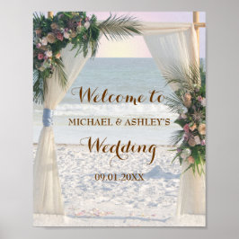 Póster Bienvenida al Rosa de playa de las hojas tropicale