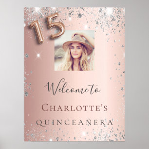 Póster Bienvenida al rosa de Quinceanera purpurina de pla