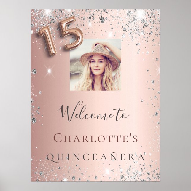 Póster Bienvenida al rosa de Quinceanera purpurina de pla (Frente)