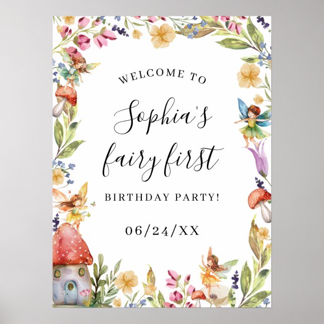 Póster Bienvenida al Rótulo Fairy First First Birthday (Frente)